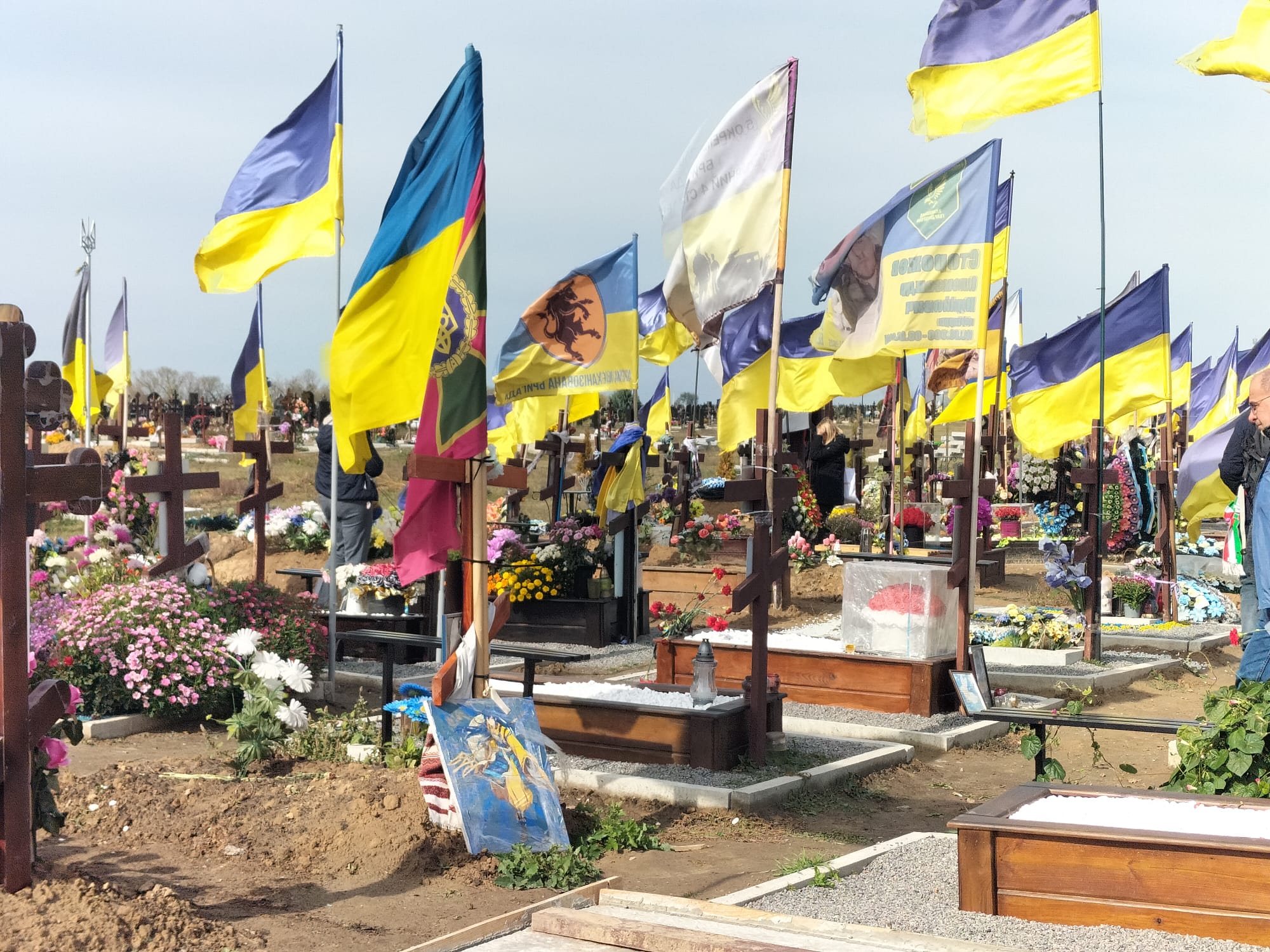 Cimitero ucraino un cimitero in Ucraina con molte bandiere e semplici tombe