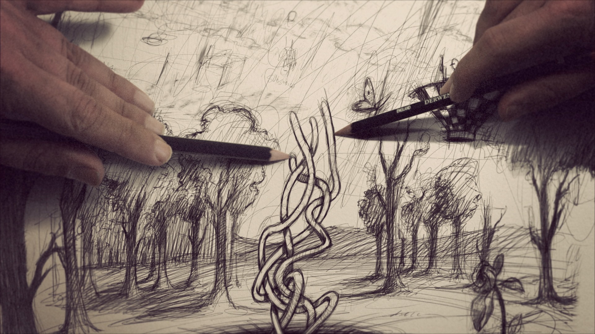 Foto di due mani che disegnano a matita un paesaggio con alberi Foto di due mani che disegnano a matita un paesaggio con alberi