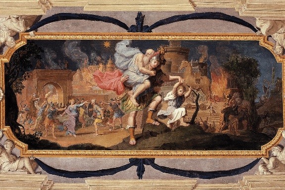 Affresco raffigurante Enea che conduce il vecchio Anchise e il Figlio di Ascanio fuori da Troia in fiamme - sec. XVIII - Volta della 3° stanza